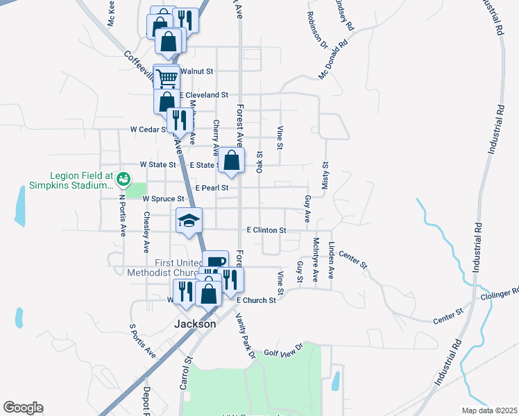 map of restaurants, bars, coffee shops, grocery stores, and more near East Spruce Street in Jackson