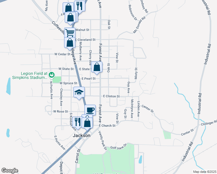 map of restaurants, bars, coffee shops, grocery stores, and more near East Spruce Street in Jackson