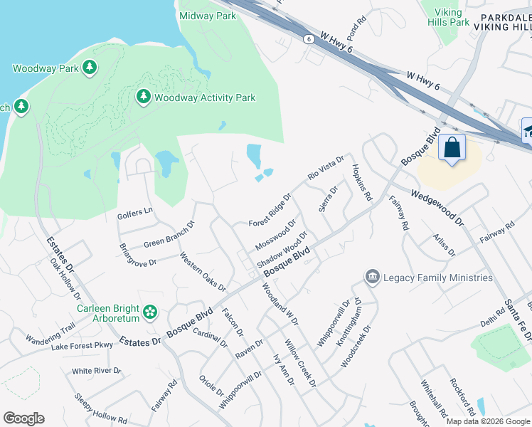map of restaurants, bars, coffee shops, grocery stores, and more near 8232 Forest Ridge Drive in Waco