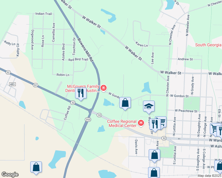 map of restaurants, bars, coffee shops, grocery stores, and more near 1351 West Gordon Street in Douglas