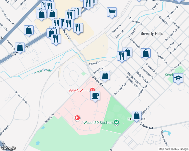 map of restaurants, bars, coffee shops, grocery stores, and more near 904 South New Road in Waco