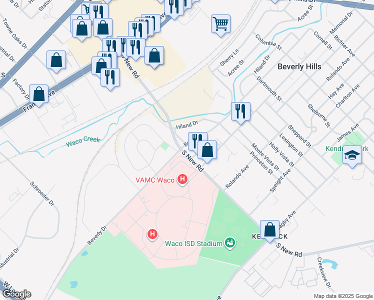 map of restaurants, bars, coffee shops, grocery stores, and more near 904 South New Road in Waco