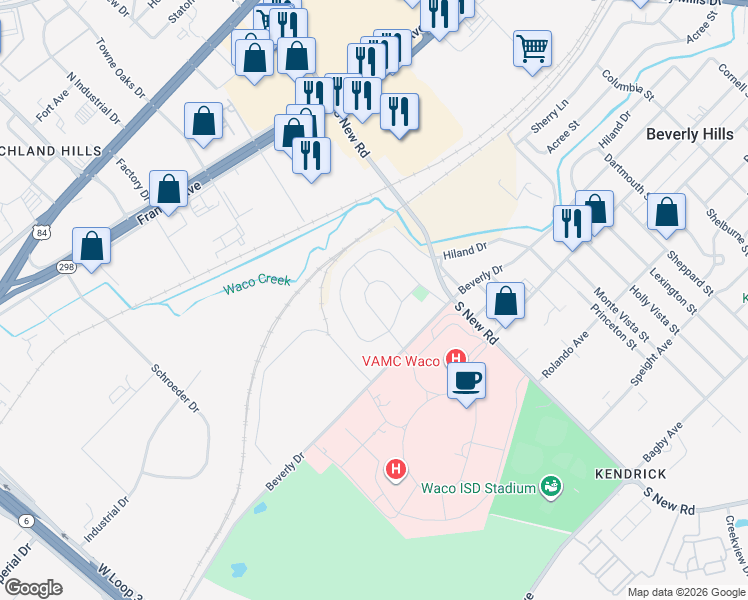 map of restaurants, bars, coffee shops, grocery stores, and more near 820 Horseshoe Drive in Waco