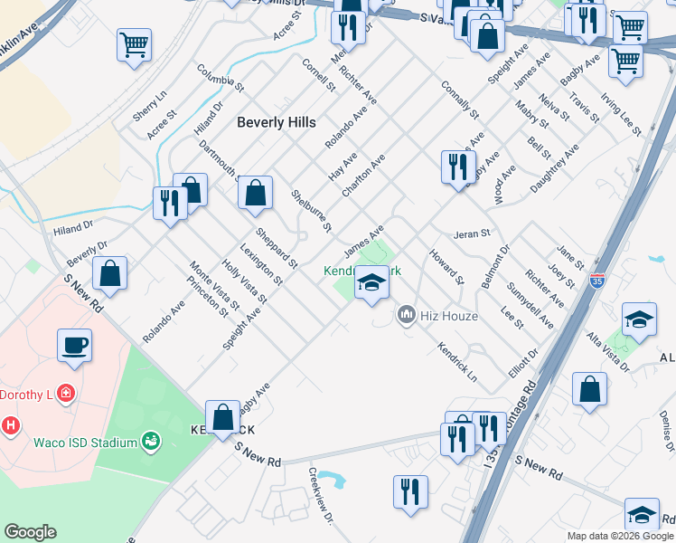 map of restaurants, bars, coffee shops, grocery stores, and more near 4100 James Avenue in Waco