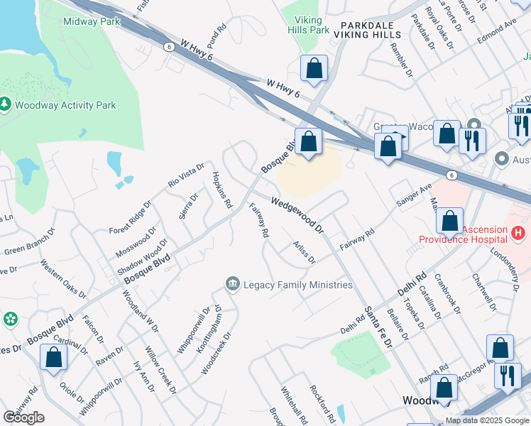map of restaurants, bars, coffee shops, grocery stores, and more near 7857 Fairway Road in Woodway
