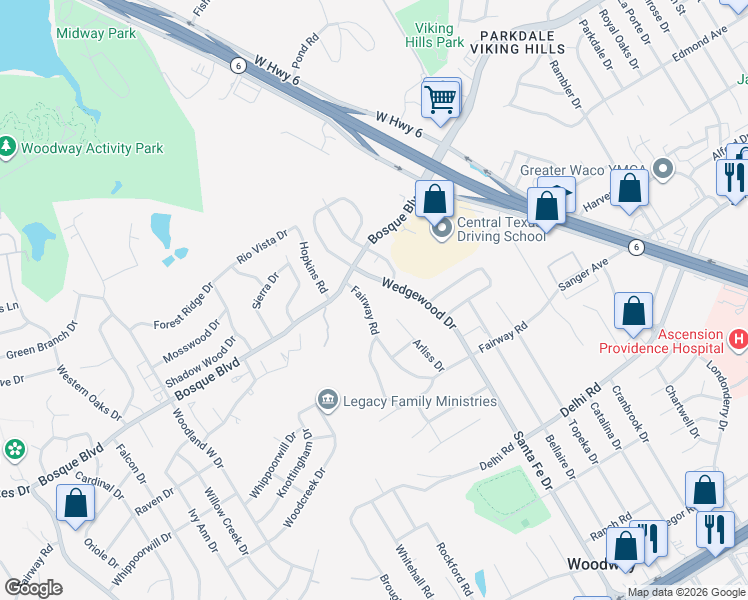 map of restaurants, bars, coffee shops, grocery stores, and more near 7844 Fairway Road in Waco