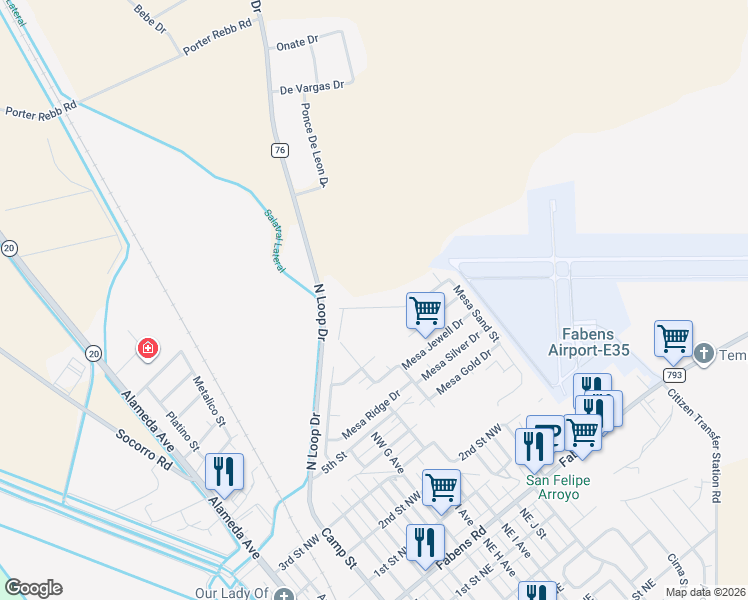map of restaurants, bars, coffee shops, grocery stores, and more near 764 Mesa Canyon Drive in Fabens