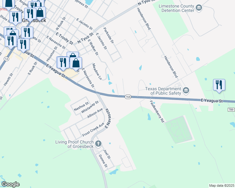 map of restaurants, bars, coffee shops, grocery stores, and more near 1025 East Yeagua Street in Groesbeck