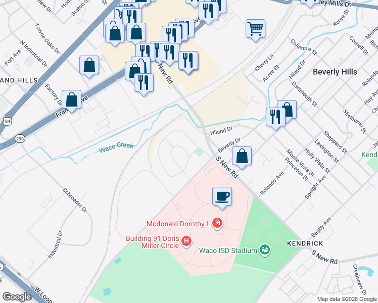 map of restaurants, bars, coffee shops, grocery stores, and more near 719 Horseshoe Drive in Waco