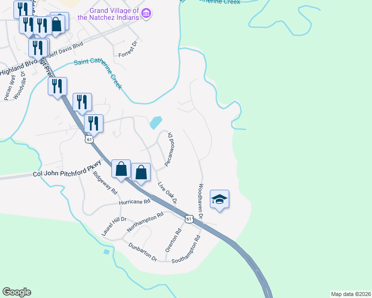 map of restaurants, bars, coffee shops, grocery stores, and more near 123 Woodhaven Drive in Natchez