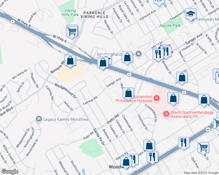 map of restaurants, bars, coffee shops, grocery stores, and more near 7304 Sanger Avenue in Waco