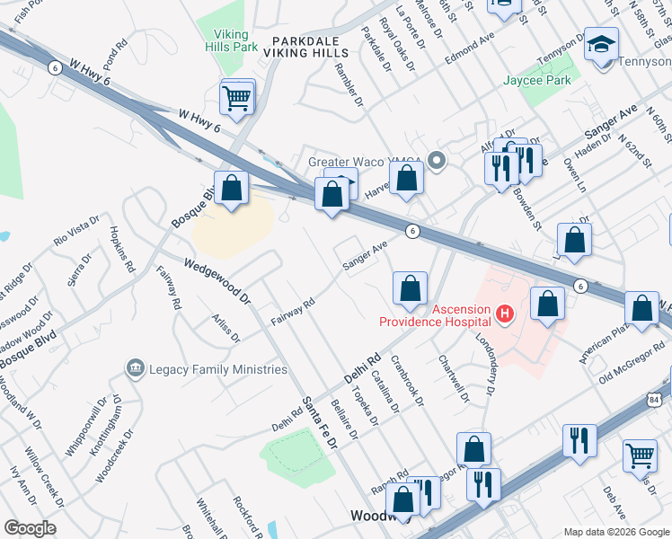 map of restaurants, bars, coffee shops, grocery stores, and more near 605 Catalina Drive in Waco