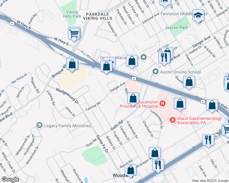 map of restaurants, bars, coffee shops, grocery stores, and more near 7304 Sanger Avenue in Waco
