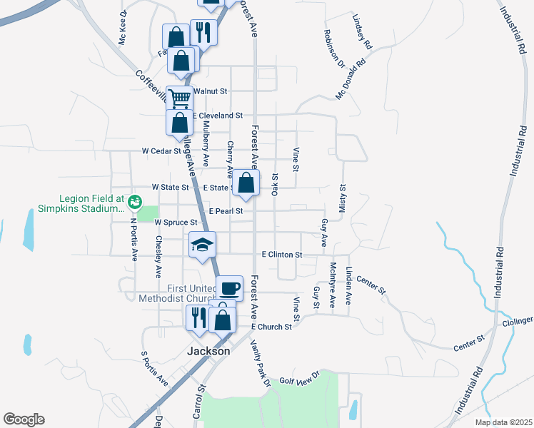 map of restaurants, bars, coffee shops, grocery stores, and more near 326 East Pearl Street in Jackson