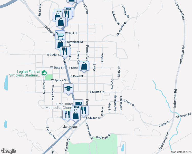 map of restaurants, bars, coffee shops, grocery stores, and more near 6 East Pearl Street in Jackson