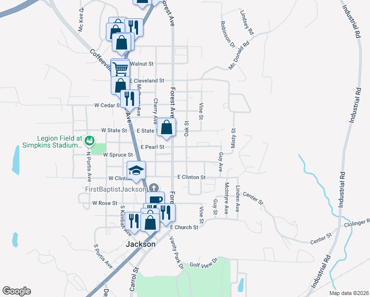 map of restaurants, bars, coffee shops, grocery stores, and more near 326 East Pearl Street in Jackson