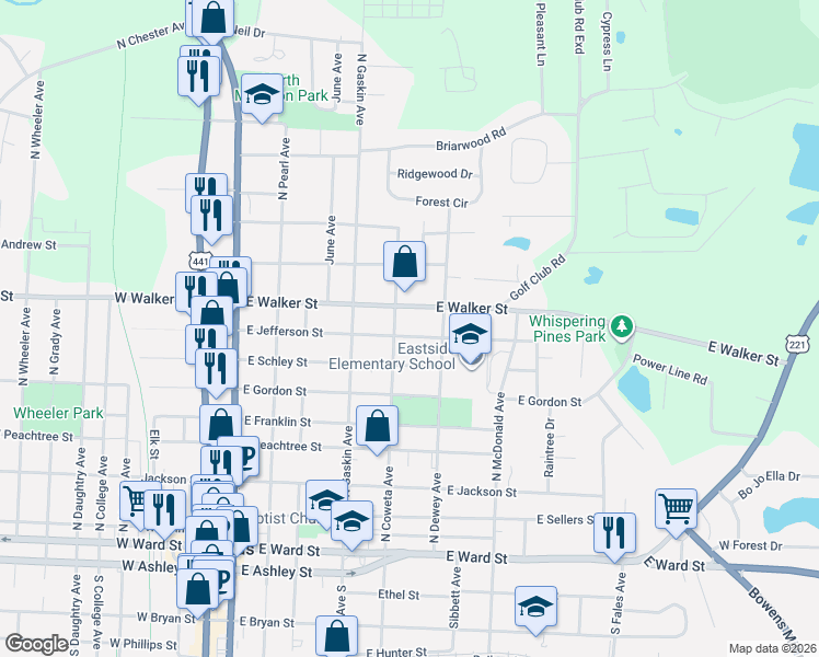 map of restaurants, bars, coffee shops, grocery stores, and more near 624 East Walker Street in Douglas