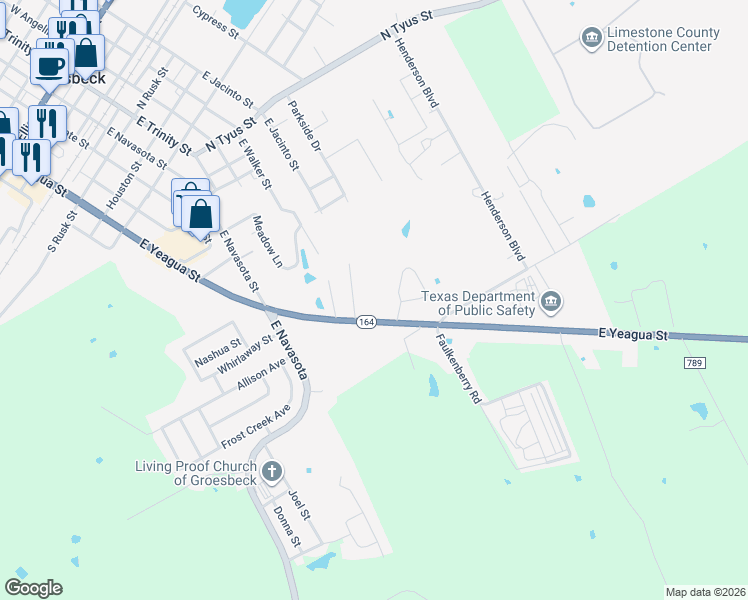 map of restaurants, bars, coffee shops, grocery stores, and more near 815 South Gala Street in Groesbeck