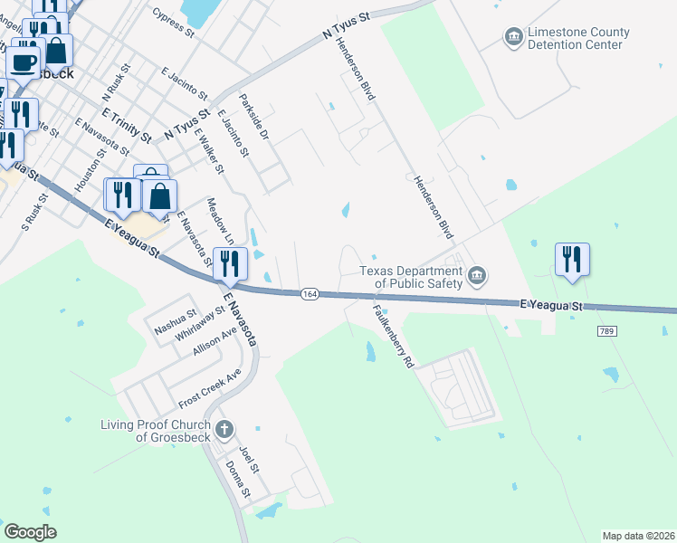 map of restaurants, bars, coffee shops, grocery stores, and more near 815 South Gala Street in Groesbeck