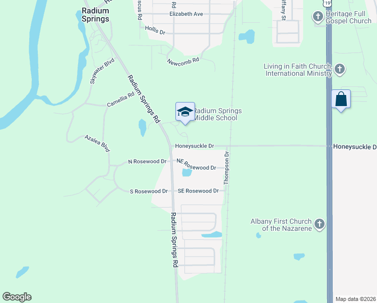 map of restaurants, bars, coffee shops, grocery stores, and more near 102 Honeysuckle Drive in Albany