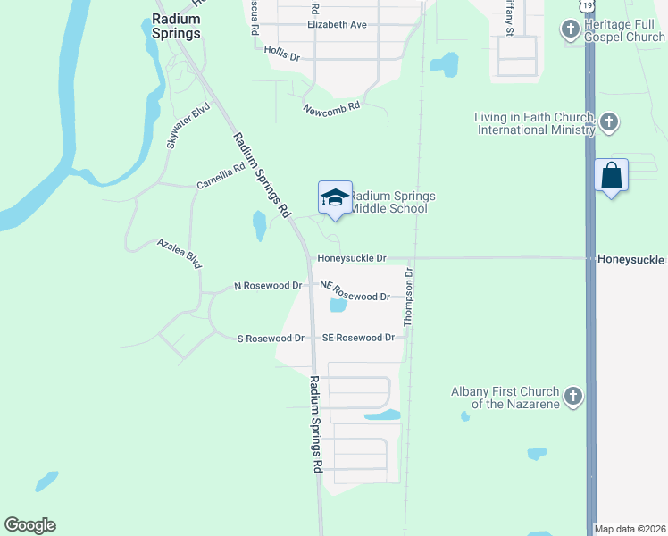 map of restaurants, bars, coffee shops, grocery stores, and more near 102 Honeysuckle Drive in Albany