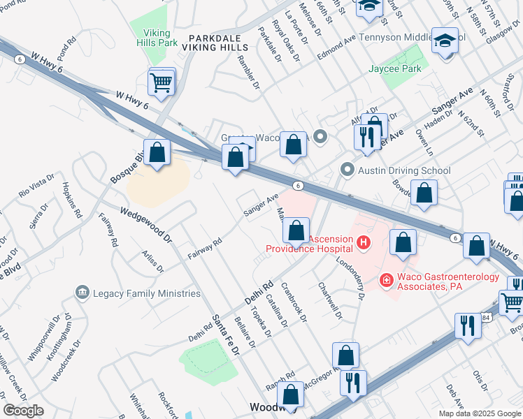 map of restaurants, bars, coffee shops, grocery stores, and more near 7304 Sanger Avenue in Waco