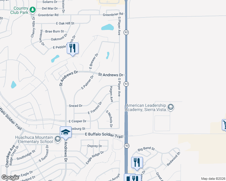 map of restaurants, bars, coffee shops, grocery stores, and more near 2863 Hagen Avenue in Sierra Vista
