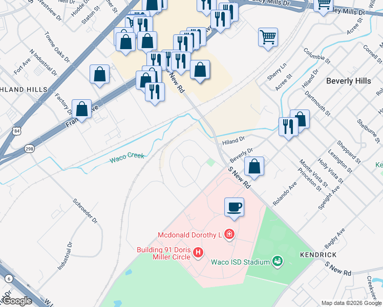 map of restaurants, bars, coffee shops, grocery stores, and more near 719 Horseshoe Drive in Waco