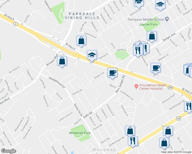 map of restaurants, bars, coffee shops, grocery stores, and more near 7242 Sanger Avenue in Waco