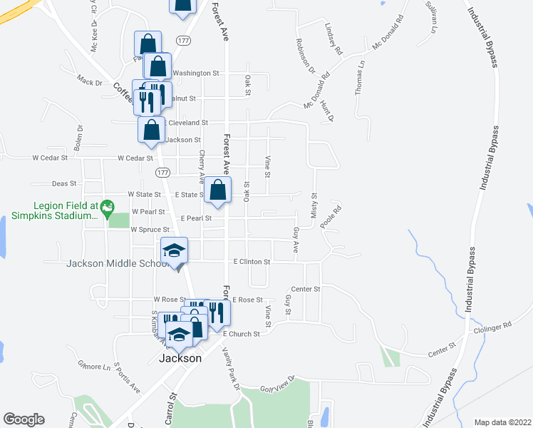map of restaurants, bars, coffee shops, grocery stores, and more near 6 East Pearl Street in Jackson