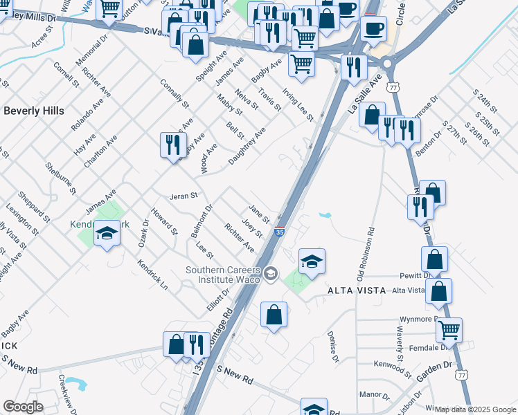 map of restaurants, bars, coffee shops, grocery stores, and more near 2208 Jane Street in Waco