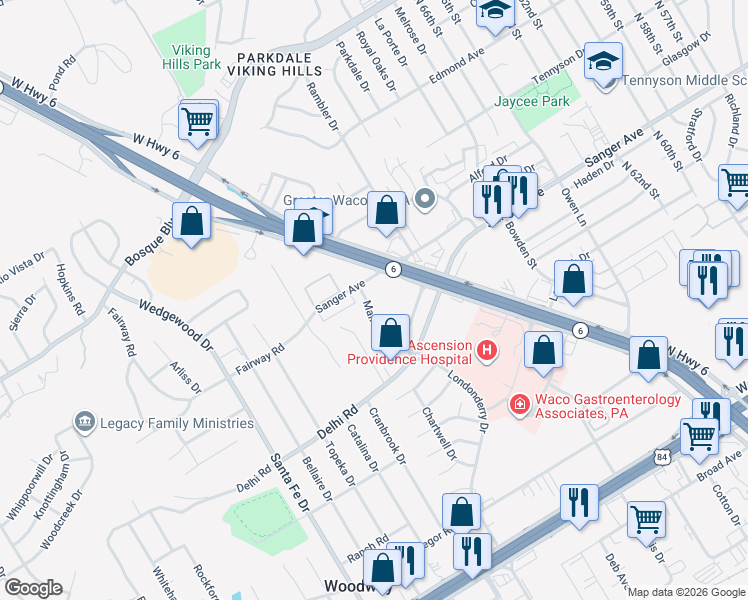 map of restaurants, bars, coffee shops, grocery stores, and more near 540 Sanger Avenue in Waco