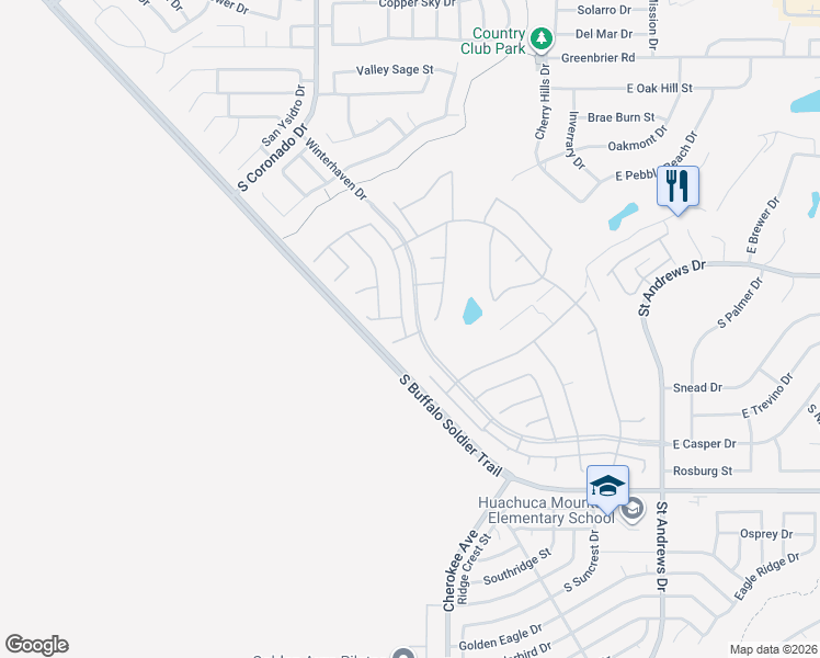 map of restaurants, bars, coffee shops, grocery stores, and more near 2899 Glengarry Way in Sierra Vista