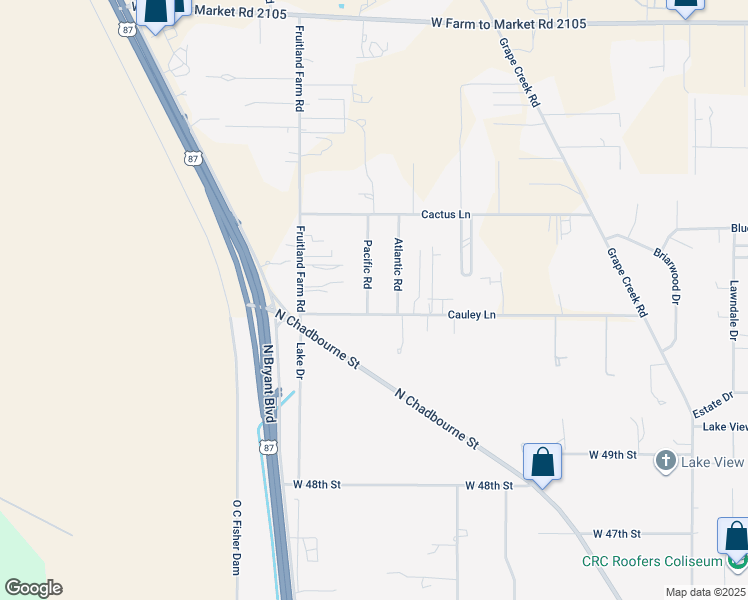 map of restaurants, bars, coffee shops, grocery stores, and more near 5308 Pacific Road in San Angelo