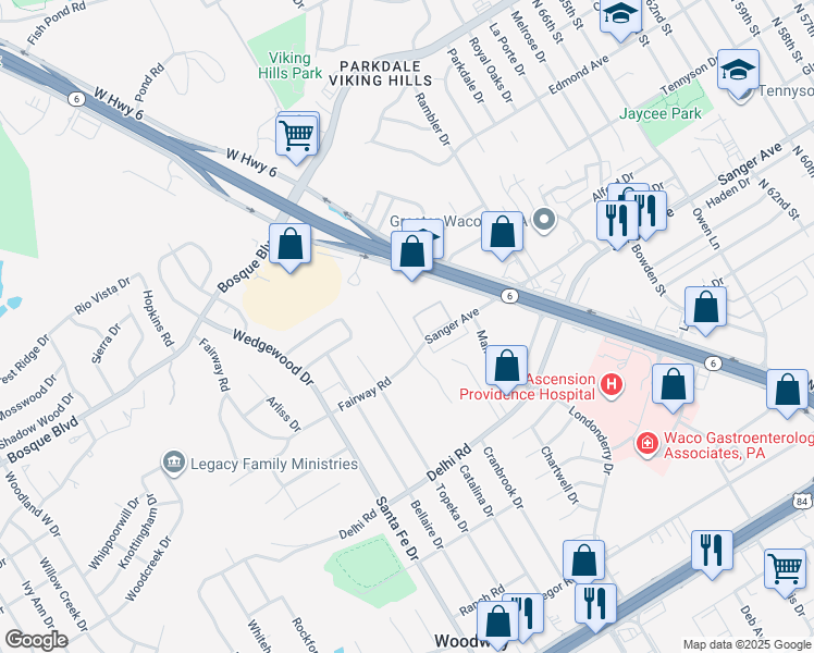 map of restaurants, bars, coffee shops, grocery stores, and more near 605 Catalina Drive in Waco