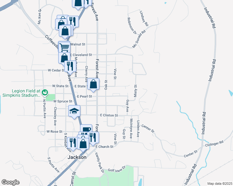 map of restaurants, bars, coffee shops, grocery stores, and more near 6 East Pearl Street in Jackson
