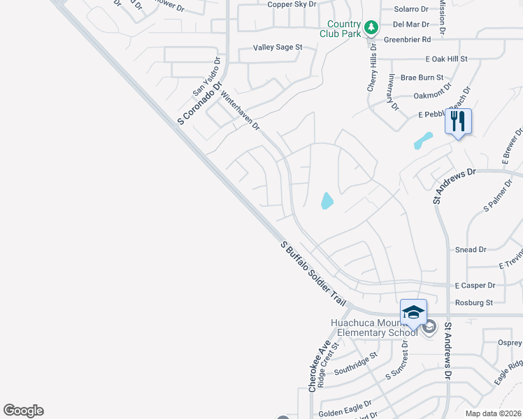 map of restaurants, bars, coffee shops, grocery stores, and more near 2156 Sandspring Court in Sierra Vista