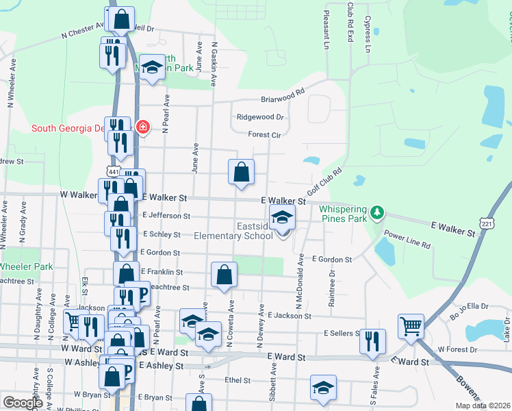 map of restaurants, bars, coffee shops, grocery stores, and more near 624 East Walker Street in Douglas