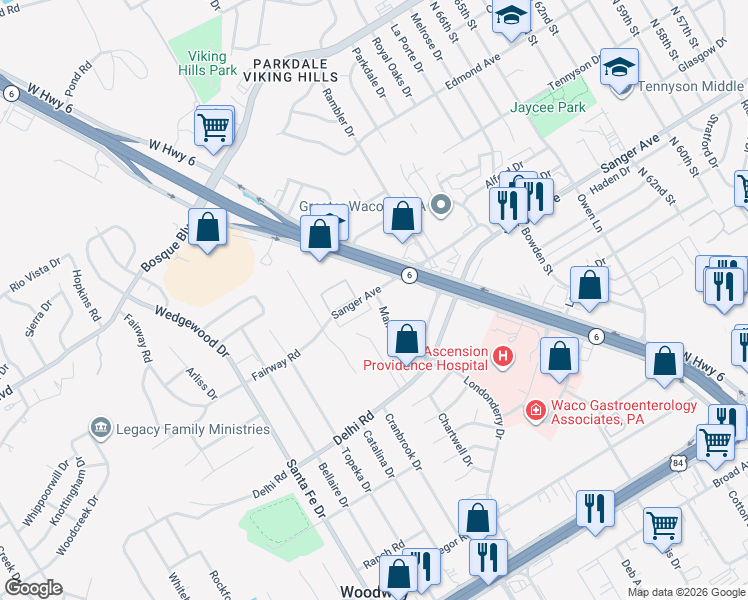 map of restaurants, bars, coffee shops, grocery stores, and more near 540 Sanger Avenue in Waco