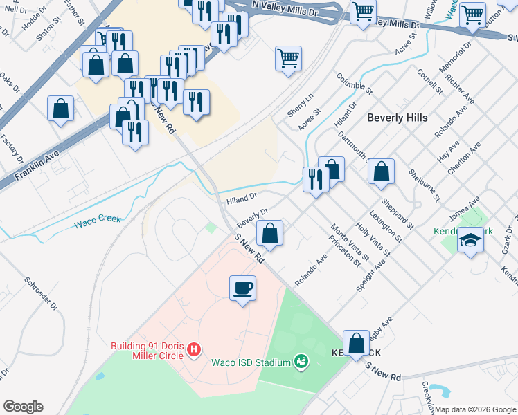 map of restaurants, bars, coffee shops, grocery stores, and more near 4609 Beverly Drive in Waco