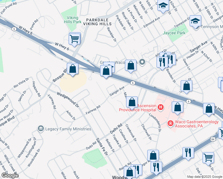 map of restaurants, bars, coffee shops, grocery stores, and more near 7304 Sanger Avenue in Waco