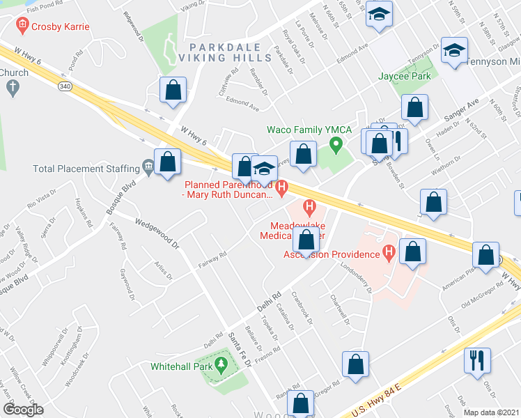 map of restaurants, bars, coffee shops, grocery stores, and more near 7301 Sanger Avenue in Waco