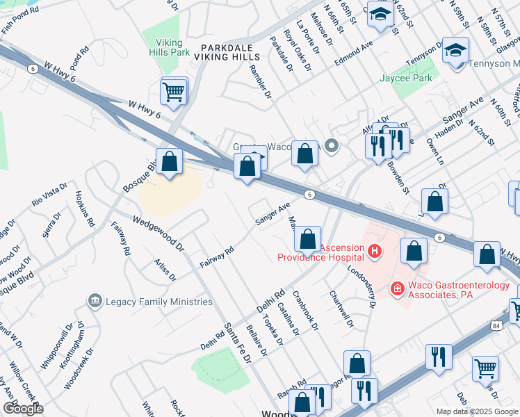 map of restaurants, bars, coffee shops, grocery stores, and more near 7301 Sanger Avenue in Waco