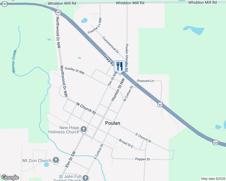 map of restaurants, bars, coffee shops, grocery stores, and more near 211 Ousley Street Northwest in Poulan