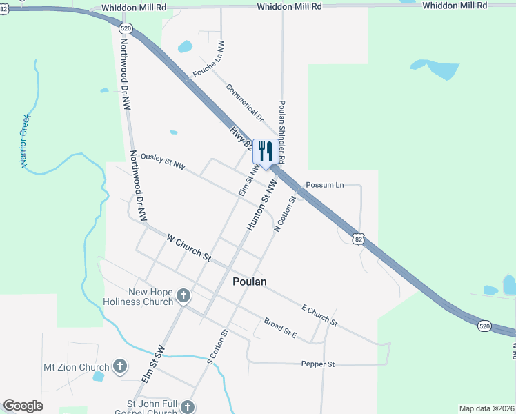 map of restaurants, bars, coffee shops, grocery stores, and more near 211 Ousley Street Northwest in Poulan