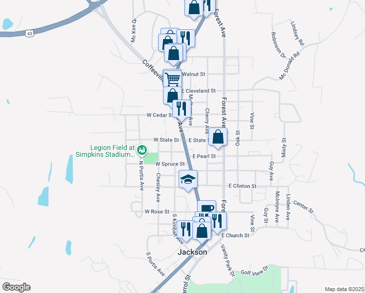 map of restaurants, bars, coffee shops, grocery stores, and more near 519 College Avenue in Jackson