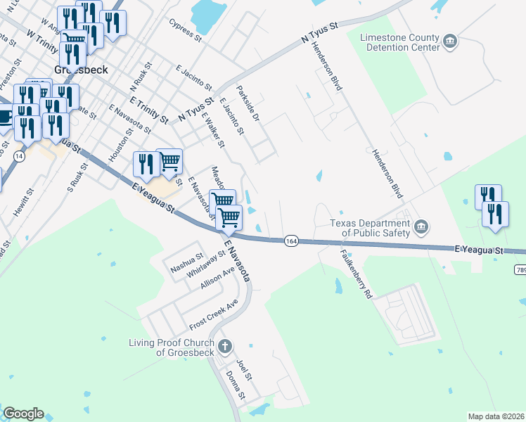 map of restaurants, bars, coffee shops, grocery stores, and more near 909 Willow Pond Road in Groesbeck