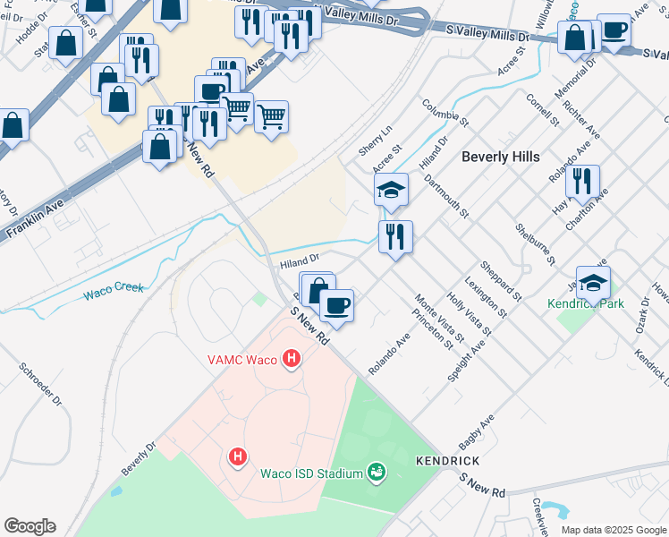 map of restaurants, bars, coffee shops, grocery stores, and more near 4609 Beverly Drive in Waco