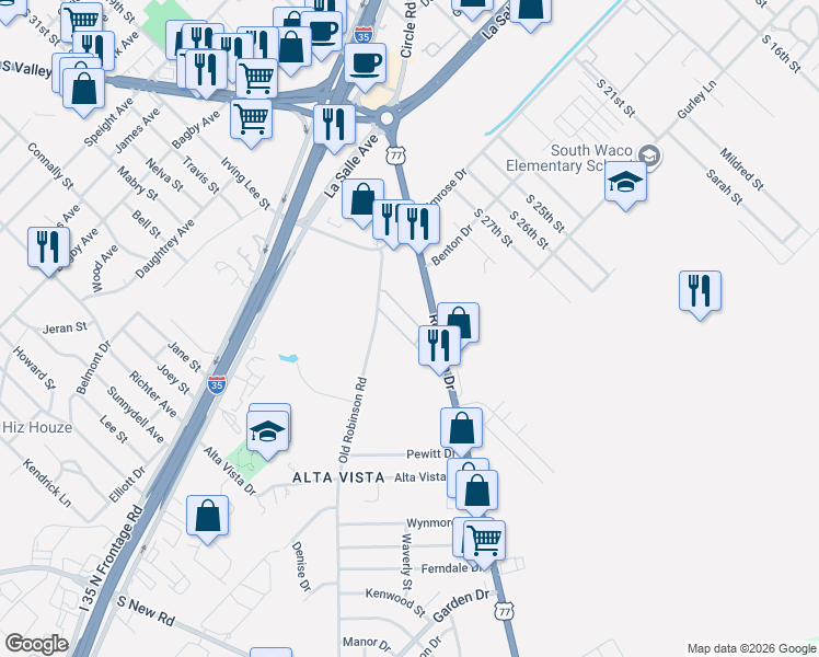 map of restaurants, bars, coffee shops, grocery stores, and more near 2601 Robinson Drive in Waco