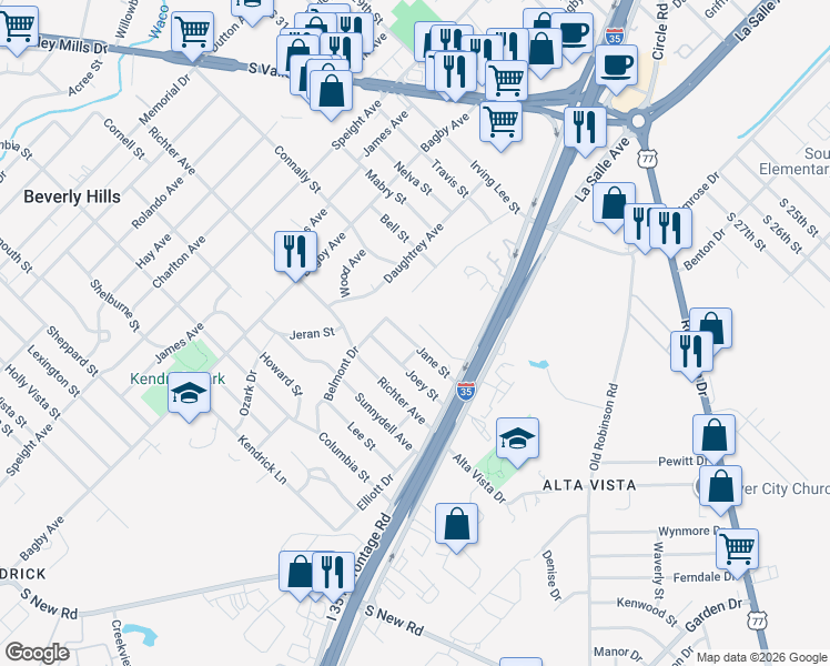 map of restaurants, bars, coffee shops, grocery stores, and more near 2208 Jane Street in Waco